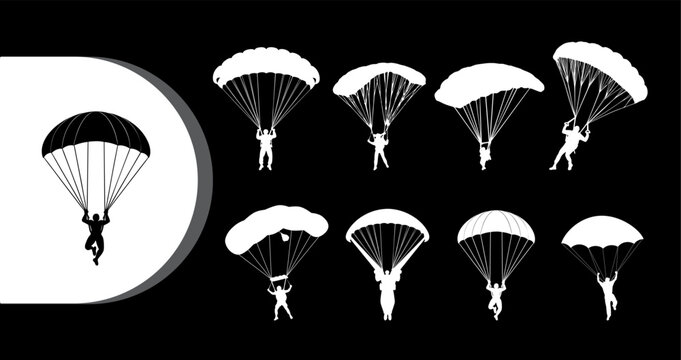 A collection of parachuters in various positions against a black background