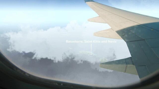 Airplane Flying over Basseterre, Saint Kitts and Nevis and Clouds. Aerial Airplane scenes. Jet Flying Over City. Aerial City Animation &ndash; Vox Style Map Animation in 4K
