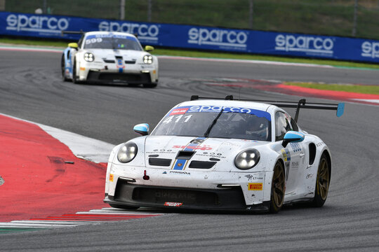 Scarperia, Italy - September 14th 2025: Porsche 911 GT3 Cup (992) of team SP RACING drive by Vittoria Piria in action during Italian Championship GT Endurance race event at Mugello Circuit.