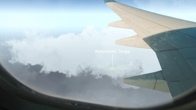 Airplane Flying over Nuku'alofa, Tonga and Clouds. Aerial Airplane Scenes. Jet Flying Over City Skyline. Aerial City Animation &ndash; Vox Style Map Animation in 4K
