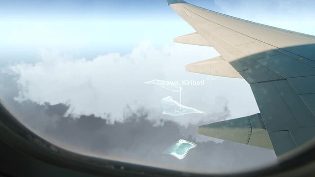 Airplane Flying over Tarawa, Kiribati and Clouds. Aerial Airplane Scenes. Jet Flying Over City Skyline. Aerial City Animation &ndash; Vox Style Map Animation in 4K
