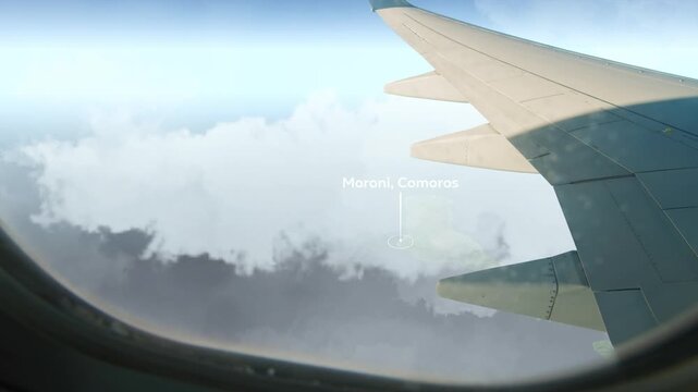 Airplane Flying over Moroni, Comoros and Clouds. Aerial Airplane Scenes. Jet Flying Over City. Aerial City Animation &ndash; Vox Style Map Animation in 4K