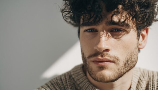 Handsome Teenager Boy With Curly Hair And Beard Listens Attentively While Wearing Casual Sweater Against White Concrete Wall.