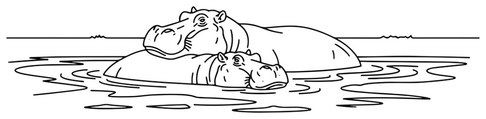Hippo family swimming in river, mother and baby hippopotamus in water, wild animals safari wildlife illustration