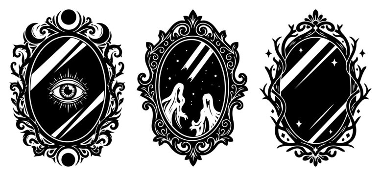 Gothic ornate mirror frames set with occult and mystical symbols, vintage magic mirrors with eye and ghost