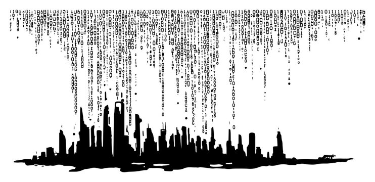 Digital city skyline with binary code rain, cyberpunk smart city concept with data stream technology