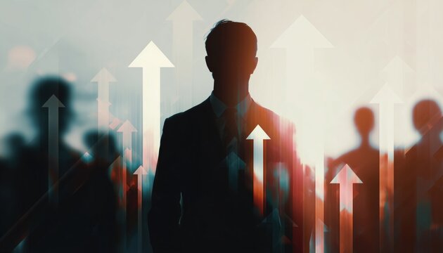 Confident Businessman Silhouette With Arrows In The Background: White Collar Workers, Traders, Ceo Company Manager - Art, People, And Finances.