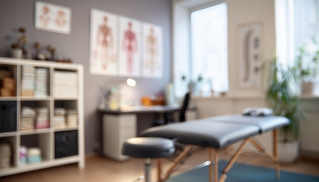 Discover A Peaceful Chiropractic Office Interior With A Treatment Table, Anatomical Charts, And Well-Organized Supplies, Designed For Patient Comfort And Healing.