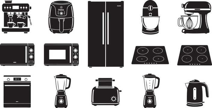 Modern Kitchen Appliances and Home Electronics Icons Set, Cooking Equipment Silhouettes, Kitchenware Vector Design