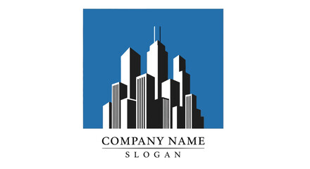 Fototapeta premium A minimalist logo featuring a dark gray skyline against a solid blue background with company branding below