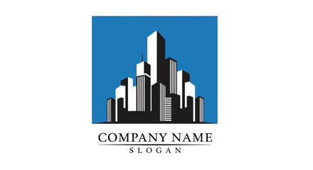 Fototapeta premium A stylized silhouetted cityscape logo against a blue background with company branding below