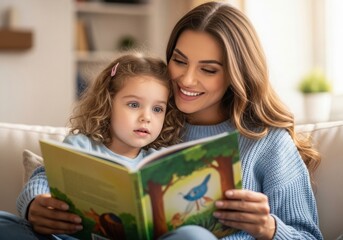 Obraz premium mother reading to child, early education, Young caucasian mother reads book to small daughter with curly hair. They sit on sofa in cozy room. Colorful book illustration visible. Concept of parenting