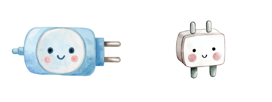 Watercolor illustration of cute electric plugs set, kawaii power adapters with smiling faces isolated on transparent background