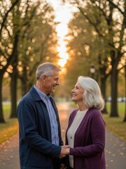 Obraz premium senior couple holding hands in autumn park, caucasian couple stand facing each other holding hands in park. Trees and sunset light in background. Autumn colors visible. Love, relationship and retireme