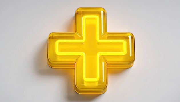Vivid Yellow Cross Symbol Against White Background - Digital Illustration Featuring A Bold Plus Sign In Eye-Catching Color.