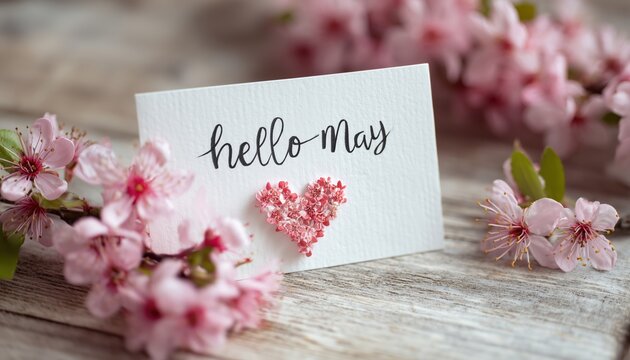 May Greeting Card Featuring A Decorative Heart And Pink Spring Flowers, Perfect For Springtime Celebrations With Selective Focus And Copy Space.