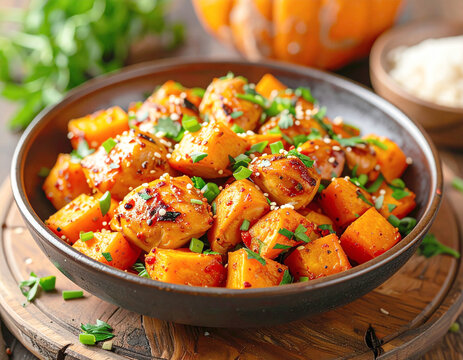 Maple sriracha chicken with diced sweet potatoes, closeup. AI