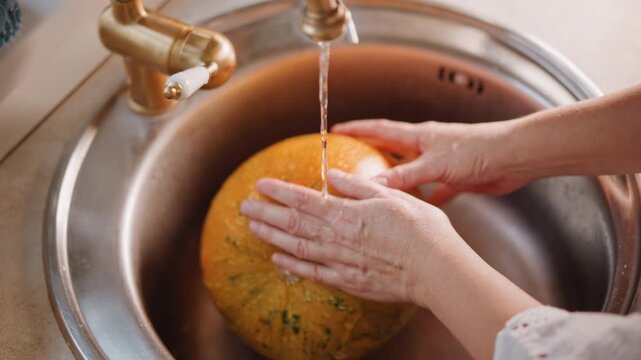 White hands rinsing pumpkin under faucet, methodical rinse in stainless sink with steady water stream, close up on textured orange rind and sparkling droplets, focused prep for pie by home cook, clean