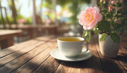 Fototapeta premium Green Tea In A White Cup, Adorned With A Rose Flower, Placed On A Wooden Table In A Charming Cafe Setting.