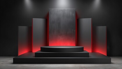 Obraz premium Stylish Black And Red Luxury Stage Podium With Backdrop For Black Friday Sale Product Displays. Perfect For Elegant Presentations.