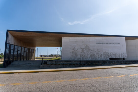 Montgomery, Alabama: Montgomery Interpretive Center of Selma to Montgomery National Historic Trail and Alabama State University stadium. 1965 Selma to Montgomery Voting Rights March.