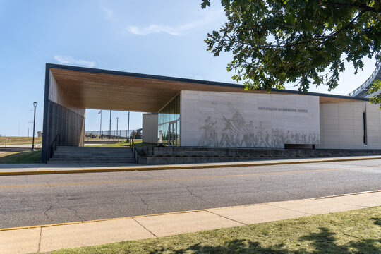 Montgomery, Alabama: Montgomery Interpretive Center of Selma to Montgomery National Historic Trail and Alabama State University stadium. 1965 Selma to Montgomery Voting Rights March.