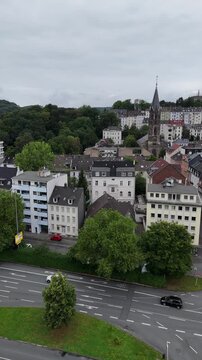 Aerial view of Wuppertal city center with church Germany