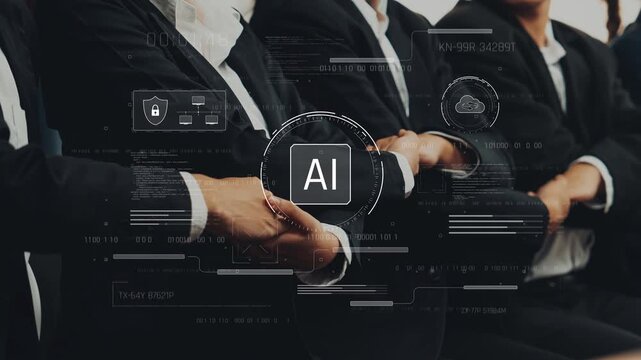 A professional team engaged in collaboration, showcasing the impact of artificial intelligence in a modern business environment and emphasizing innovation and digital transformation. Raster