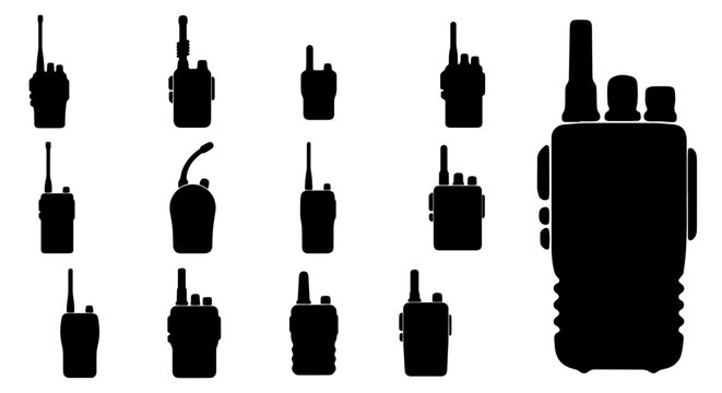 Walkie talkie silhouette icons set, portable radio transceiver vector collection, wireless communication device symbols for security and emergency services