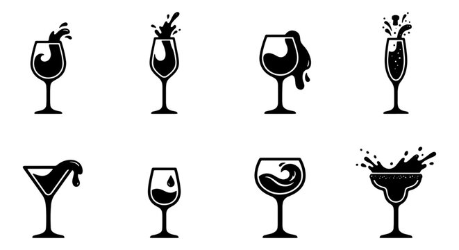 Minimalist wine glass icons with liquid splashes, set of 8 black cocktail and wine silhouettes, elegant drink glassware vector illustrations