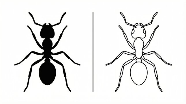 "Two stylized ant illustrations, one solid silhouette and one outlined version."
