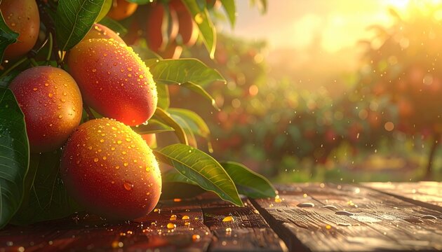 Ripe golden mangoes with water droplets on wooden table at sunset
