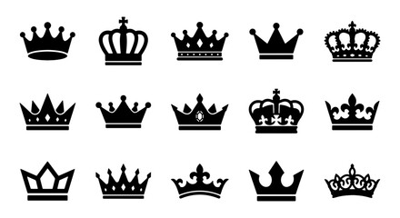 Royal crown icons set, 15 black silhouette king and queen crowns, heraldic imperial tiara symbols, elegant monarch headwear vector collection © Rahul