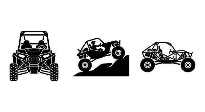 Off-road buggy vector icons, extreme UTV side-by-side vehicle silhouettes, black and white 4x4 sand rail buggy set for adventure sports