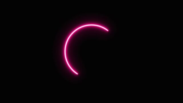 Glowing pink neon arc animation drawing on a black background, loading indicator, progress bar, user interface, or abstract technology