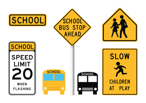 school zone traffic safety signs and bus stop vector illustration