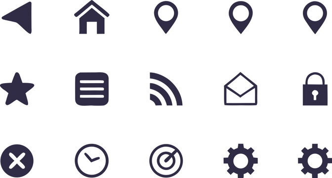 Assorted dark interface including home, location, settings, and navigation symbols