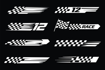 Naklejka premium Vector racing elements set: black-white checkered flags, finish banners, speed lines, racing text decals. Clean silhouettes on transparent background, fully scalable for branding, prints, UI. EPS 10. 