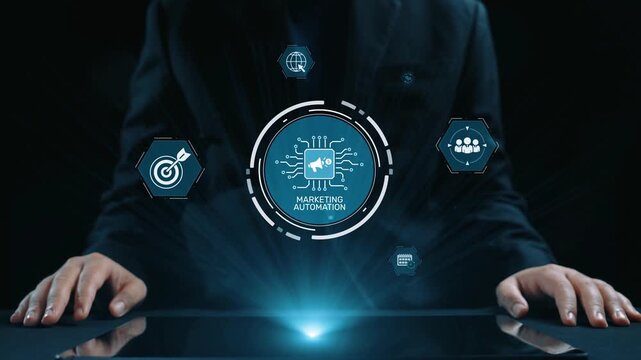 Marketing automation diagram showcase AI-driven campaign workflow, highlight marketing automation, data-driven strategy, marketing automation tools, and market automation process in business. Elide