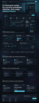Dark logistics dispatch landing page interface with fleet dashboard, route analytics, pricing plans and feature sections