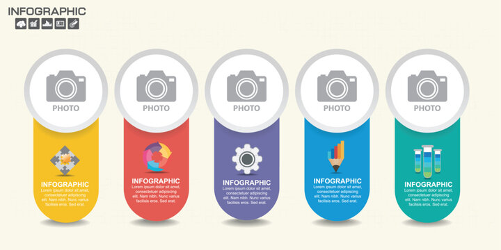 set of five infographic camera icons in flat design vector illustration