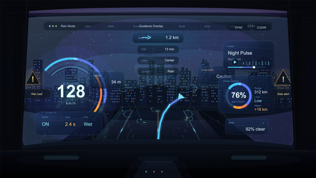 Futuristic automotive heads up display at night in rainy city traffic showing navigation guidance, battery status, speed, lane assist, hazard alerts, and route overlay