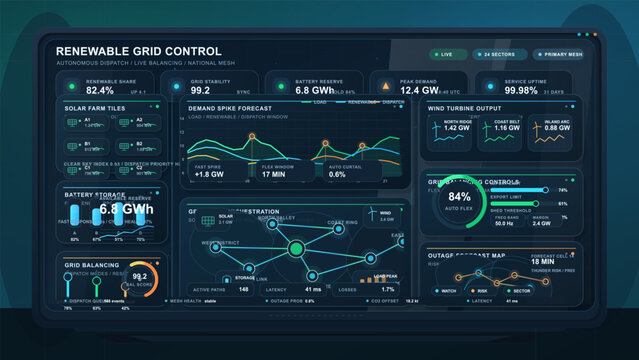 Futuristic renewable energy grid control dashboard with solar farm metrics, wind turbine output, battery storage, load forecasting, and power balancing panels