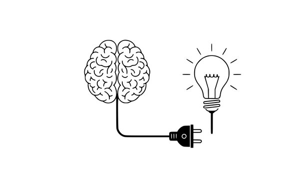 Creative Brain Connected to Light Bulb via Power Plug Representing Idea Activation and Mental Energy Flow