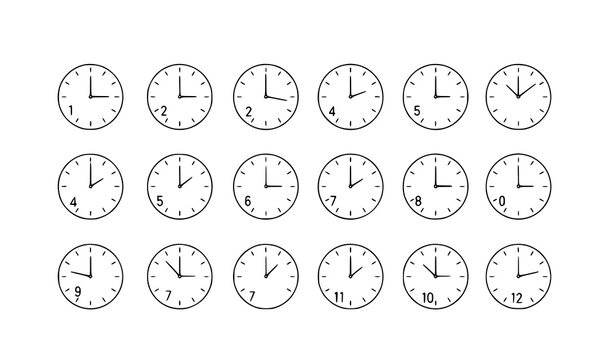 Set of Minimalist Analog Clock Icons Showing 12 Hour Positions Isolated on White Background