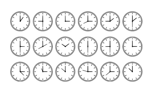 Flat Vector Set of Analog Clock Dials Showing Different Hour Times in Simple Minimal Style