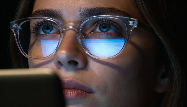 Woman wearing glasses looking at smartphone screen in dark room. Blue light reflection on face causing insomnia and digital addiction. Excessive scrolling of social media content.