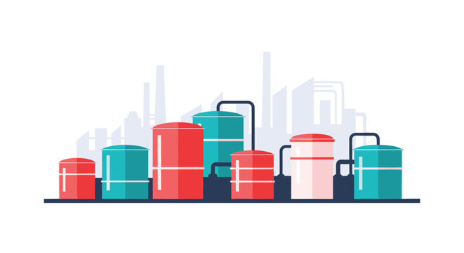Colorful industrial storage tanks and processing units stand prominently against a soft grey urban skyline in this clean flat vector illustration design.