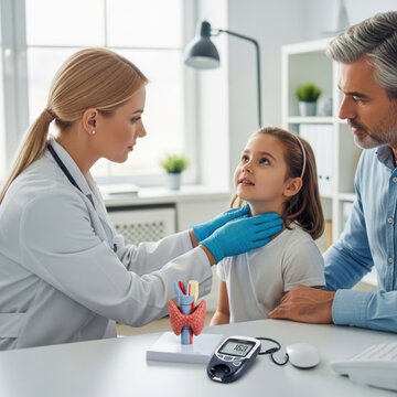 Endocrinologist in medical gloves examining girl's thyroid gland while her father supporting her at white desk in clinic 

