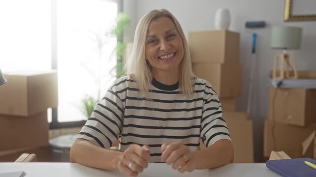 Woman with bare hands waving and smiling at camera at table amid moving boxes in building; warmth home transition.